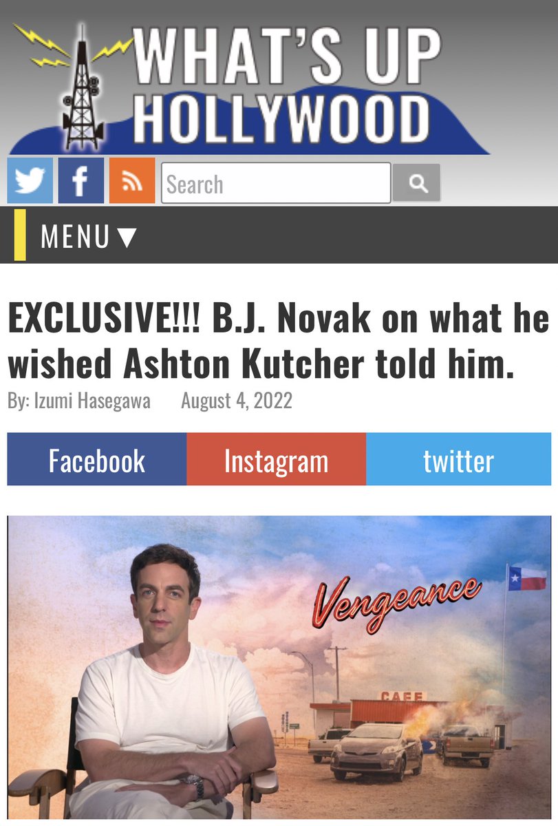 What did Vengeance’s B.J. Novak want to learn from Ashton Kutcher?

Exclusive interview of B.J. Novak up now!
<a href="/vengeancefilm/">Vengeance</a> <a href="/bjnovak/">B.J. Novak</a> <a href="/focusfeatures/">Focus Features</a> <a href="/aplusk/">ashton kutcher</a> <a href="/HNW_izumi/">Izumi Hasegawa</a>
#vengeance #focusfeatures #ashtonkutcher #twitter #advice #whatsuphollywood #whatsuphwood