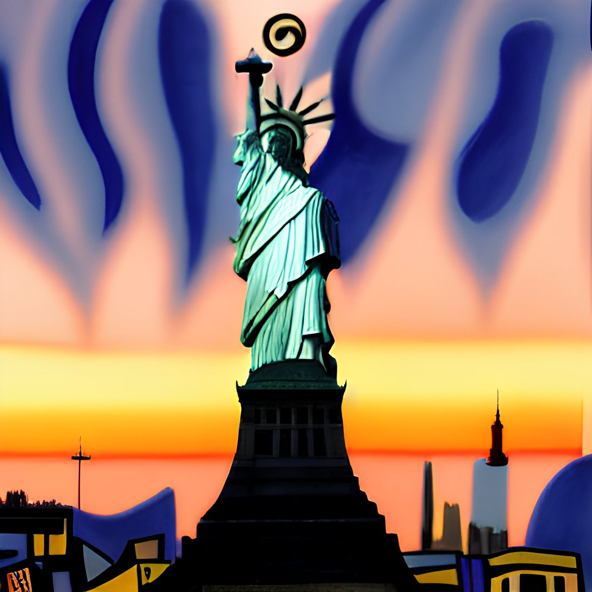 pollinations_ai's tweet photo. "Statue Of Liberty With New York City In Background At Sunset by Fernand Leger, trending on artstation" #newyork #atsunset #fernandleger https://t.co/X3YeSKjO4m #pollinations #generativeart #machinelearning https://t.co/pkDCyC9nij