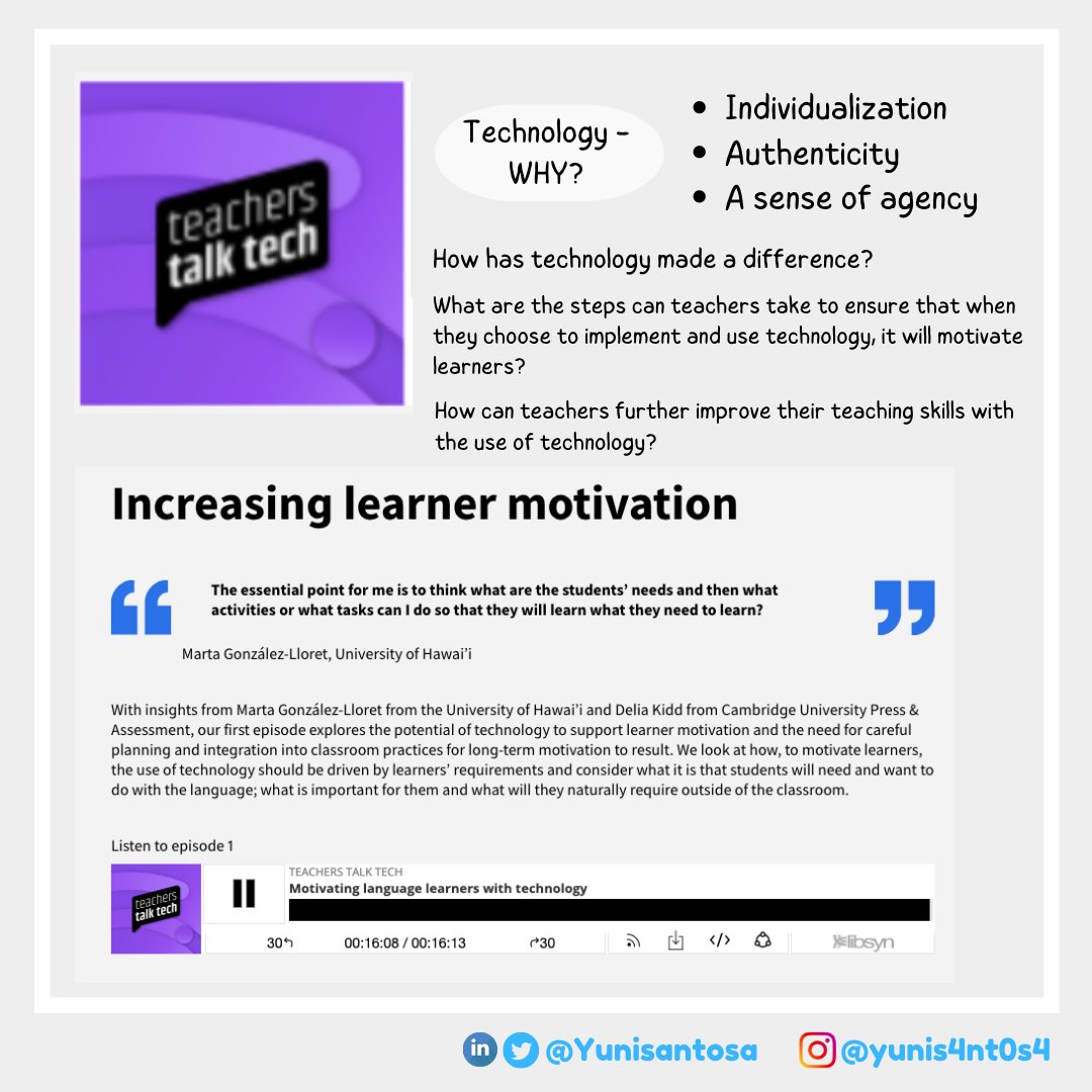 YuniSantosa's tweet image. I came across this @teachtechtalk #podcast .  
I enjoyed listening to the conversation about how technology has been used to increase motivation in learning.  
sites.libsyn.com/417293/motivat…
#learningtechnology
#learningthroughtechnology
#learningabouttechnology
#technologyintegration
