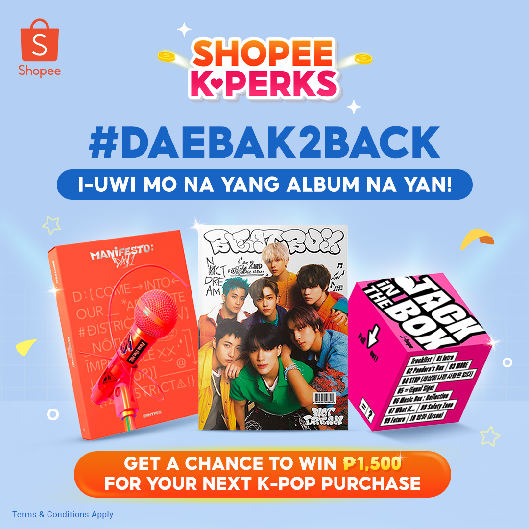 ShopeePH's tweet photo. May K-Pop album ka bang naiwan sa cart mo?

Win ₱1,500 Cash via ShopeePay para makauwi na yan sa’yo!

How to win:
1. Follow us and retweet
2. Reply ALBUM OF YOUR CHOICE + #Daebak2Back

More replies, higher chances of winning!

T&amp;Cs Apply: https://t.co/3NTbxFZvkO https://t.co/WRrPSq2GMS