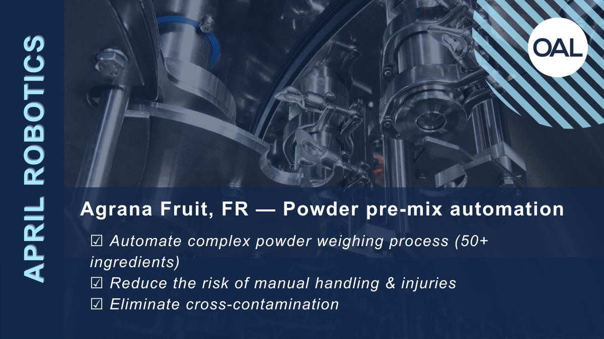 OALgroup's tweet image. Agrana Fruit is a division of Agrana Group; a global producer of sugar, starch &amp;amp; fruit. The system weighs powders from 25-250kg, and reduces labour required...

See full case study:
oalgroup.com/case-study/agr… 

#oal #foodmanufacturing #aprilrobotics #materialhandling #powderhandling