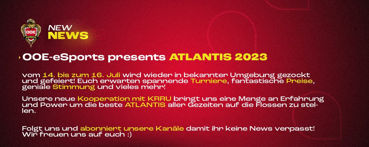 ooe_esports's tweet image. OOE-eSports presents ATLANTIS 2023

Finally!🏆 Es ist offiziell 🏆 #gaming #eSports #Austria 

ooe-esports.at/news/6 

Auf gute und lange Zusammenarbeit @KRRUat!