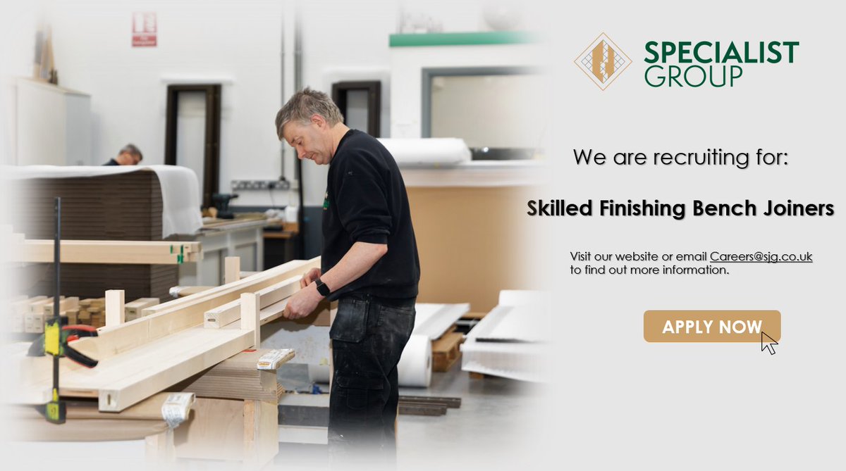 SpecialistGp88's tweet photo. Due to ongoing team development, Specialist Group is in search of Skilled Finishing Bench Joiners for the assembly of bespoke commercial furniture and wall panelling.

To find out more information about this role, please visit: https://t.co/xzTh9z2hH7 or email Careers@sjg.co.uk https://t.co/qNqr9ABaVb