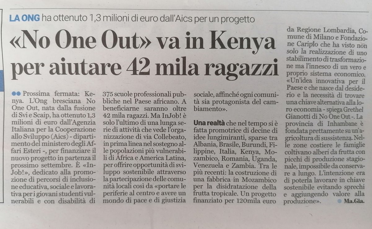 NO ONE OUT (@nooneoutong) on Twitter photo "🗞Rassegna Stampa 03.08.22
Grazie a Marta Giansanti e Bresciaoggi.it per il bell'articolo e lo spazio dedicato a #NOONEOUT e alla cooperazione bresciana.
#insiemecreaimovalore
#injob
#fruitfulcooperation
#cooperazioneinternazionale
<a href="/AICS_Nairobi/">AICS Nairobi</a> <a href="/aics_it/">AICS Cooperazione_it</a> #aicsmaputo "🗞Rassegna Stampa 03.08.22
Grazie a Marta Giansanti e Bresciaoggi.it per il bell'articolo e lo spazio dedicato a #NOONEOUT e alla cooperazione bresciana.
#insiemecreaimovalore
#injob
#fruitfulcooperation
#cooperazioneinternazionale
<a href="/AICS_Nairobi/">AICS Nairobi</a> <a href="/aics_it/">AICS Cooperazione_it</a> #aicsmaputo