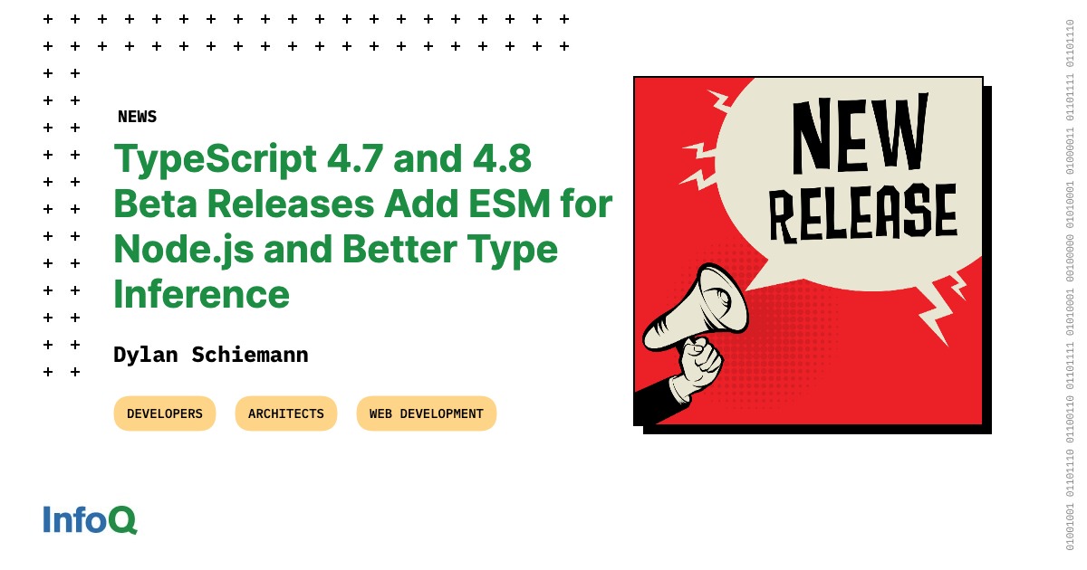 InfoQ's tweet image. The #TypeScript team announced the release of TypeScript 4.8 beta &amp;amp; TypeScript 4.7!

The release introduces #ESModule support for #NodeJS, improved #typeInference and #ControlFlowAnalysis, &amp;amp; significant performance improvements.
 
Read more on #InfoQ: bit.ly/3P3LMul

#JS