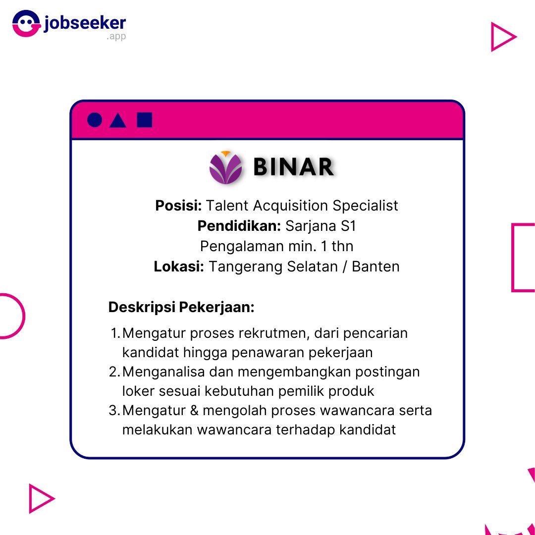 jobseekerapp's tweet image. LOWONGAN @academybinar JANGAN SAMPE KELEWAT!

Lagi ada lowongan kerja dari Binar Academy nih, teman-teman! Yuk baca lengkap persyaratan selengkapnya di binaracademy.jobseeker.software atau kamu jga bisa donwload Jobseeker App.

#hiring #jobseekercompany #jobseekerapp #jobseeker