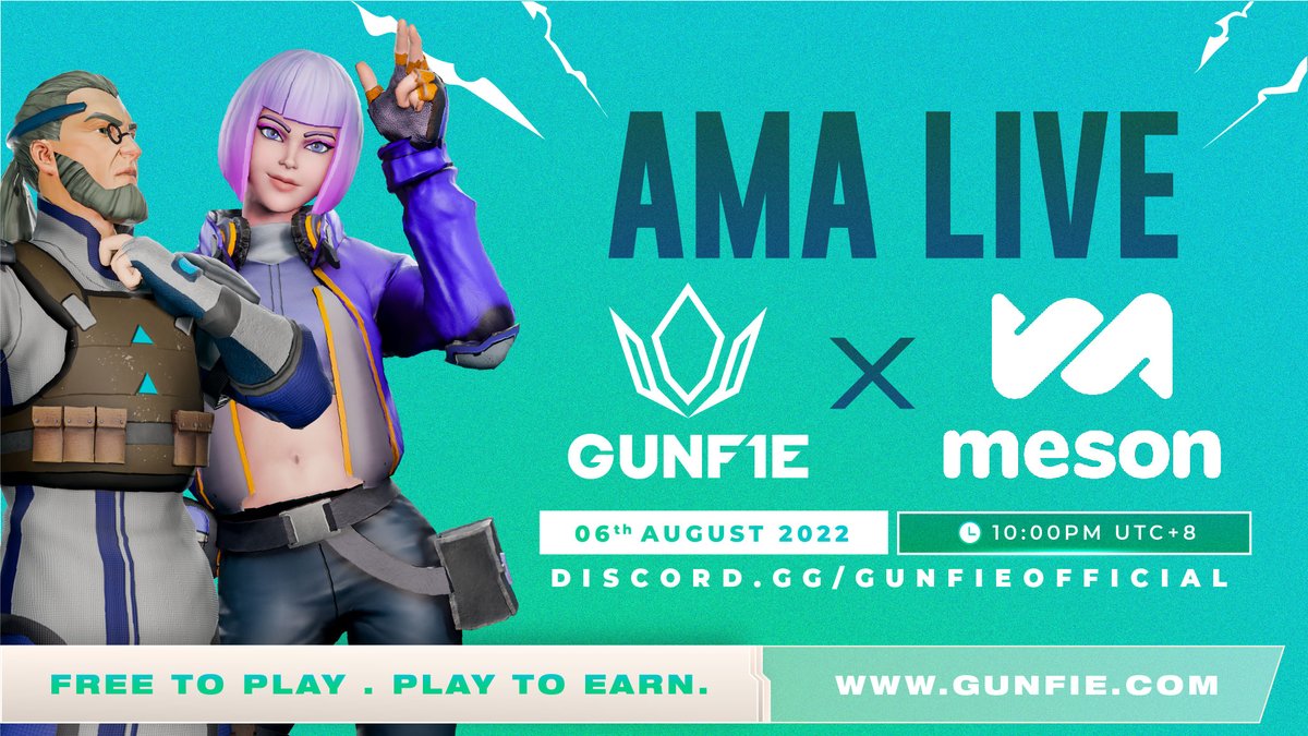 gunfieofficial's tweet photo. GUNFIE ✖️ MESON AMA LIVE! ⚠️

🗓 6th of August
⏰ 10PM GMT +8
🔥https://t.co/QnV5cDc8vL

meson's DC : https://t.co/58XSxLcSFL

#BANGERS tune in &amp; ask as many questions as you have. We'll be answering them all!
#BSC #FreetoPlay #PlaytoEarn #NFT #Metaverse #GUNFIE https://t.co/BuRjGzCCc3