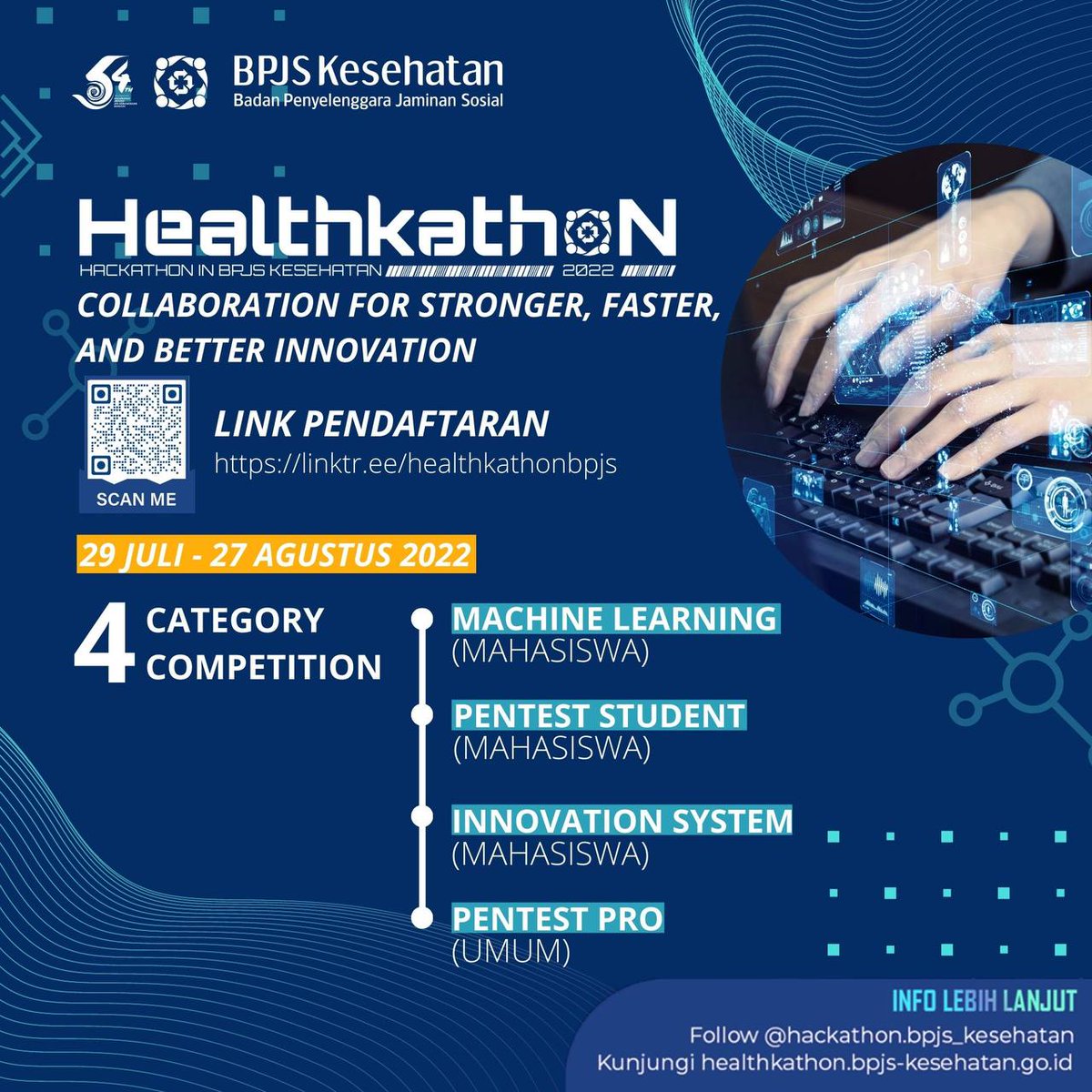 Halo. Salam Sehat, Sahabat!

Dalam rangka merayakan HUT ke-54 BPJS Kesehatan, BPJS Kesehatan akan mengadakan Healthkathon “Hackathon in BPJS Kesehatan 2022” dengan tema "Collaboration for Stronger, Faster, and Better Innovation"
(1/3)

#bpjshealthkathon2022 #healthkathon2022
