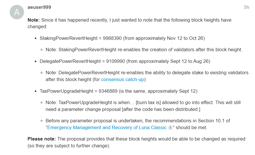 BLA BLA IDC! WENBURN!?

APPROX timeline below:

AUG 15: TFL deadline. TR to coordinate if TFL silent. Vals to upgrade

AUG  26: 4095 Enable staking/delegation

SEP 12: 3568 Burn tax activated @ 0%

SEP 12-22: Para prop to change tax from 0% to 1.2%

OCT 26: New validator enabled