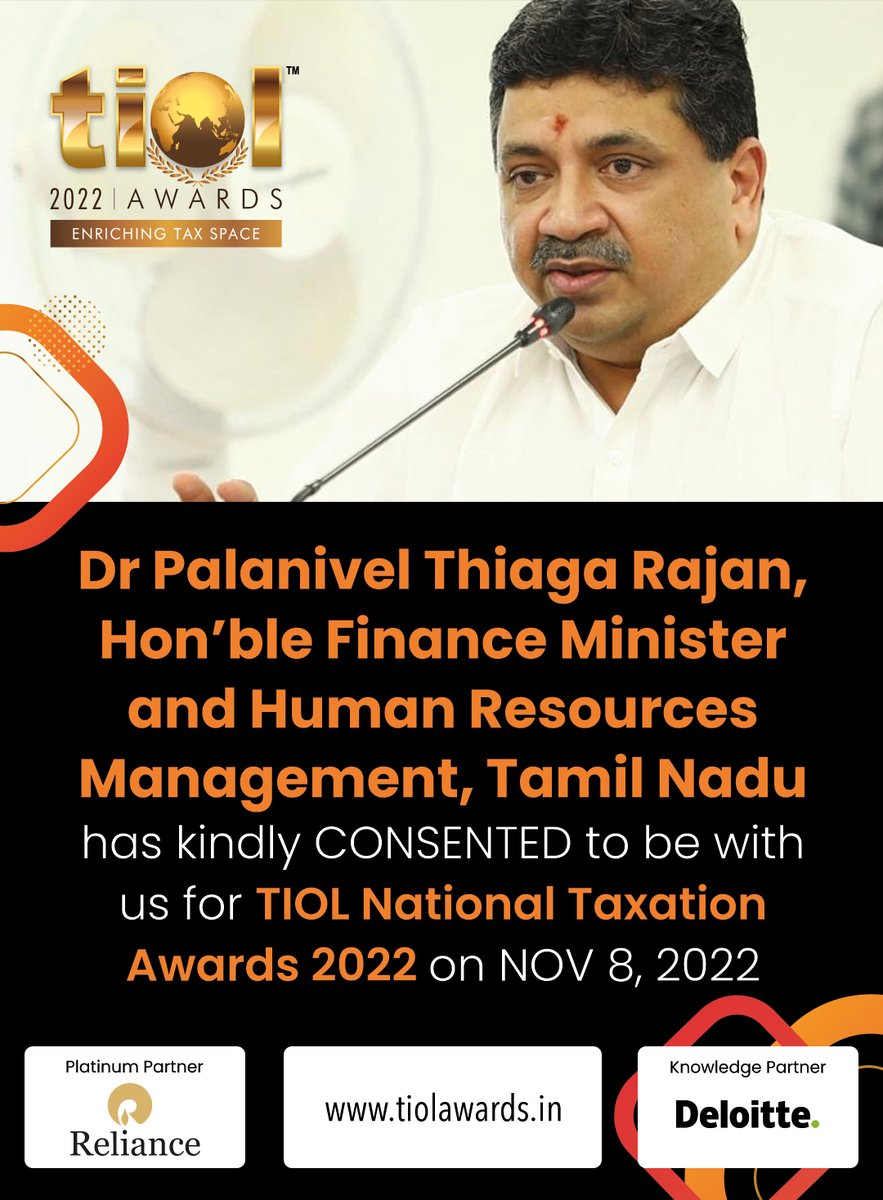 TiolAwards's tweet photo. Dr Palanivel Thiaga Rajan, 
Hon’ble Finance Minister and Human Resources Management, Tamil Nadu has kindly CONSENTED to be with us for TIOL National Taxation Awards 2022 on NOV 8, 2022
@OfficeOfPTR 
https://t.co/ctqkNfWbbH
#TIOLAwards2022 #taxation  #fiscal #economy https://t.co/PUIXU3FfIH