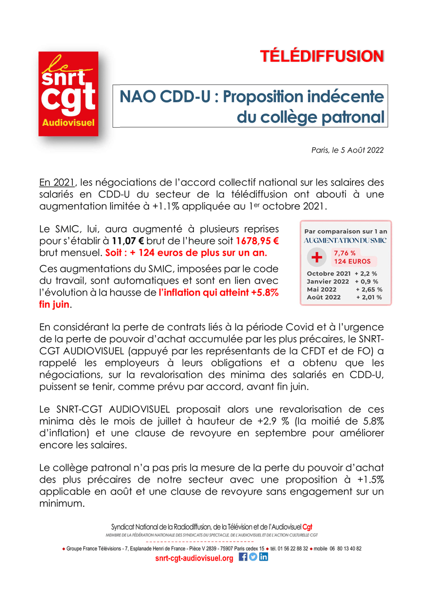 SNRT_CGT_AV's tweet photo. #Télédiffusion #TV #Salaires #NAO #CDDU #Intermittence
🔴 Proposition indécente du collège patronal
👉Compte tenu de l’évolution de l’inflation, le SNRT-CGT AUDIOVISUEL revendique une augmentation des minima des salariés en CDD-U de la Télédiffusion de 6 %
https://t.co/NeNfrcUN2J https://t.co/uLRinnYl3p