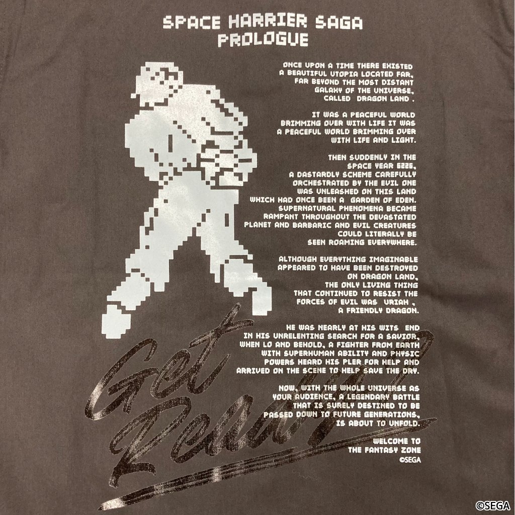 akibaunyu's tweet photo. 【PICK UP!!】
『スペースハリアー "Prologue" ワークシャツ』
左胸はハリアーを刺繍、背中は（知る人ぞ知る）プロローグテキスト＆ハリアーのシルエットを配置し、その上から "Get Ready ?" をクリアジェルで印刷‼️
是非一度現物をご覧いただきたい逸品です👀
https://t.co/AMXCYMdJyZ
#AKIBA_SEGA https://t.co/l5iZv5QSgC