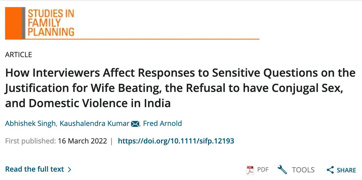 GEH_UCSD's tweet image. Interviewers matter! Find out how interviewer effects impacted responses to #GBV questions in National Family Health Survey data, with new research from #GENDERProject investigators @IIPSMumbai buff.ly/3PSWfu5