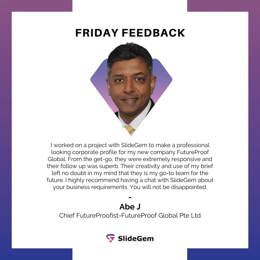 SlideGem's tweet image. See what people say about us!
Website: buff.ly/3aVlFY8
Email: Hi@slidegem.com
WhatsApp: +923096302626

#FridayFeedback #SlideDesigner #ProPresentationDesigner
#testimonial #Powerpoint #designthinking #visualdesign