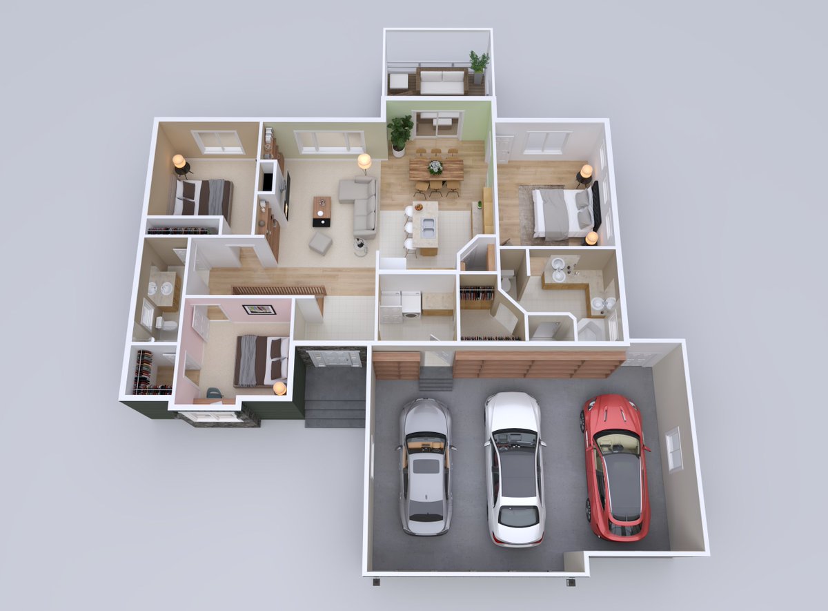 Our 3D #floorplan shows you a spacious 3 #cargarage both exterior and interior views. View more details of our Berkely Home and other #MeadLegacy #HomePlans at: ow.ly/jEYp50KcBgS. #3Drendering #houseplan #MeadLumber #MeadCompany