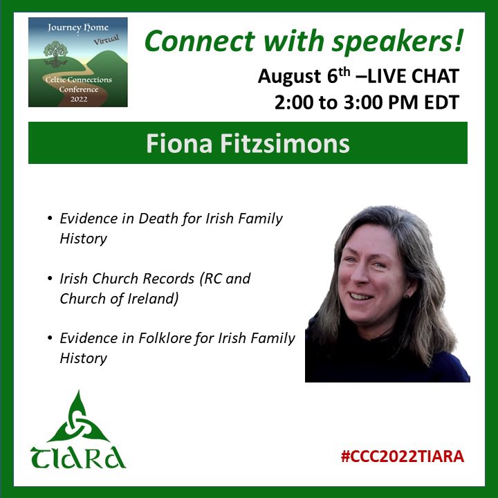 CeltConference's tweet image. Next LIVE CHAT tomorrow 2PM EDT!! With @FionaFitzsimons See you all then!

#familyhistory
#genealogy
#ancestry
#dna 
#familytree
#familysearch
#irishancestry
#irishgenealogy
#irishresearch
#irishfamilytree
#CCC2022TIARA