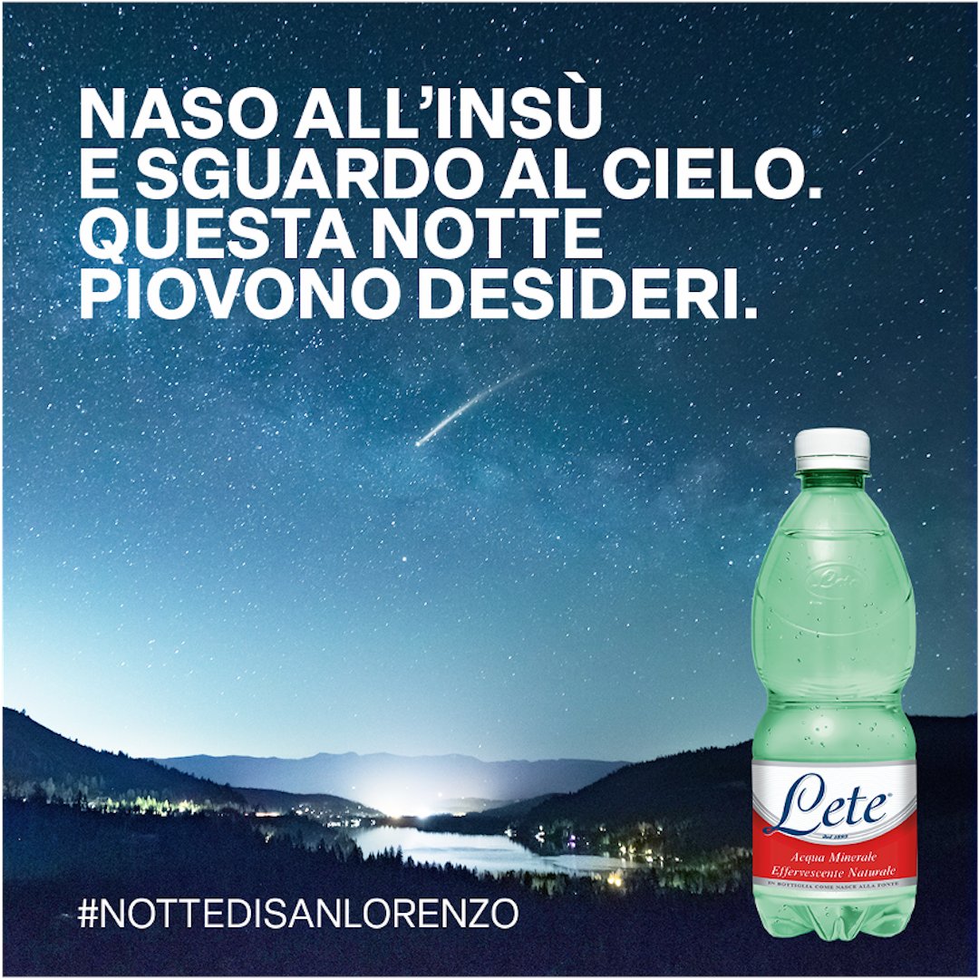 Occhio al cielo! Questa sera vedrete una pioggia di stelle. Per godervela al meglio, vi consigliamo di accompagnarla ad un’ondata di effervescenza.

​#nottedisanlorenzo​ #stellecadenti  #esprimiundesiderio
#acqualete #lacquacheiltuocorpovuole #ottimamossaperletueossa