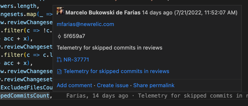 teamcodestream's tweet image. Line-level blame info new in CodeStream 13.4! Blame info, related PRs and feedback requests, and the ability to quickly discuss the code, create a Jira ticket or share a permalink.