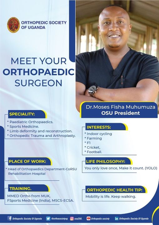 Happy Friday.

Meet Dr. Moses Fisha Muhumuza.

Dr. Muhumuza is a highly trained Orthopaedic Surgeon.
The President- Orthopaedic Society of Uganda.

He is also the Head of the Orthopedics Department at CoRSU Rehabilitation Hospital.

#orthopedicsurgeon
#orthopedicspecialist