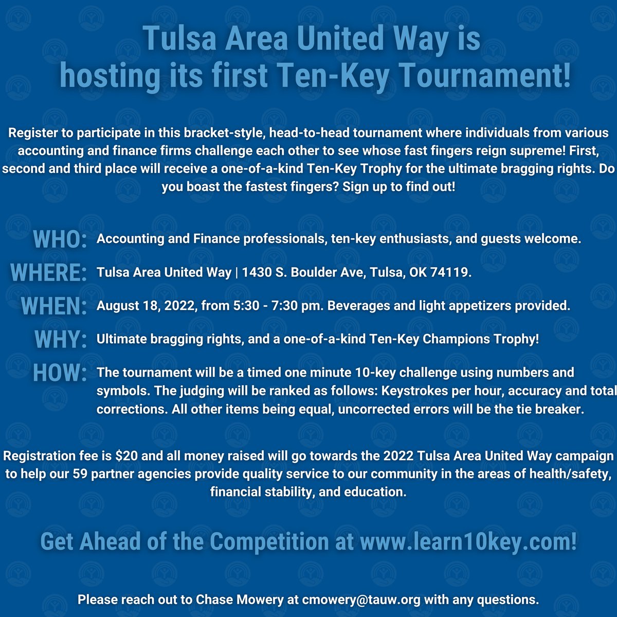Join us for the FIRST Ten-Key Tournament on August 18 from 5:30-7:30pm - register here! give.tauw.org/comm/SpecialEv… Compete head-to-head with other accounting, finance and ten-key extraordinaries to win bragging rights and a one-of-a-kind Ten-Key Trophy. We hope you can make it!