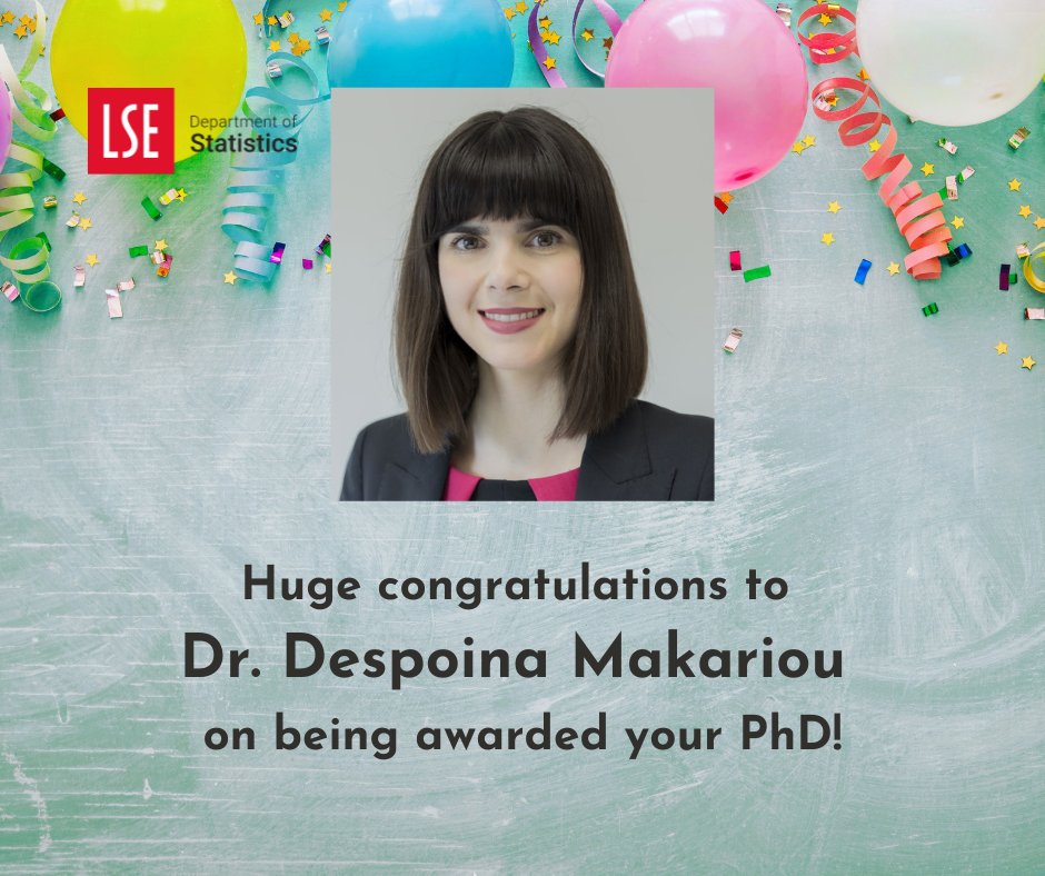 We are so pleased that Despoina Makariou has been recommended for the award of a PhD for her thesis, ‘Development and application of statistical learning methods in insurance and finance’.
Read up on it at: etheses.lse.ac.uk/4391/ 
#LSEStats #partofLSE #weheartstats