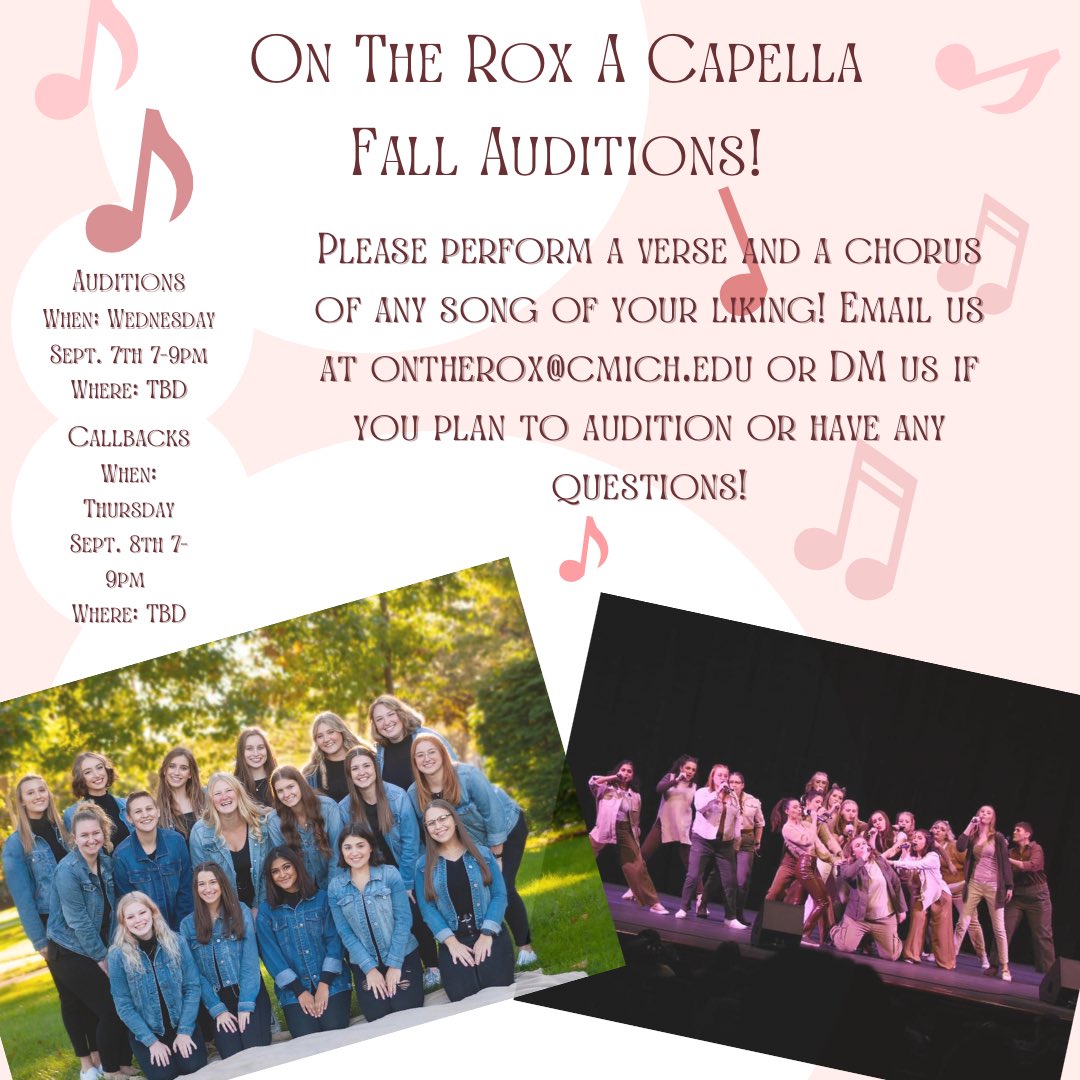 In a short few weeks On The Rox will be hosting fall auditions!! We are so excited and cannot wait to hear everyone’s voices! Please message us with any questions you might have about auditions or our group and see you there😊🎤