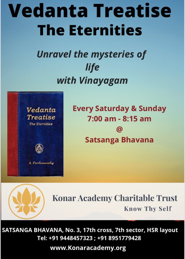 KonarAcademy's tweet image. Join us tomorrow at #SatsangaBhavana 7am for live discourse.

#spirituality #kact #spiritual #meditation #spiritualawakening #healing #peace #selflove #mindfulness #life #yoga #consciousness #motivation #inspiration #wisdom  #swamiparthasarathy #believe #vedantatreaties #vedanta