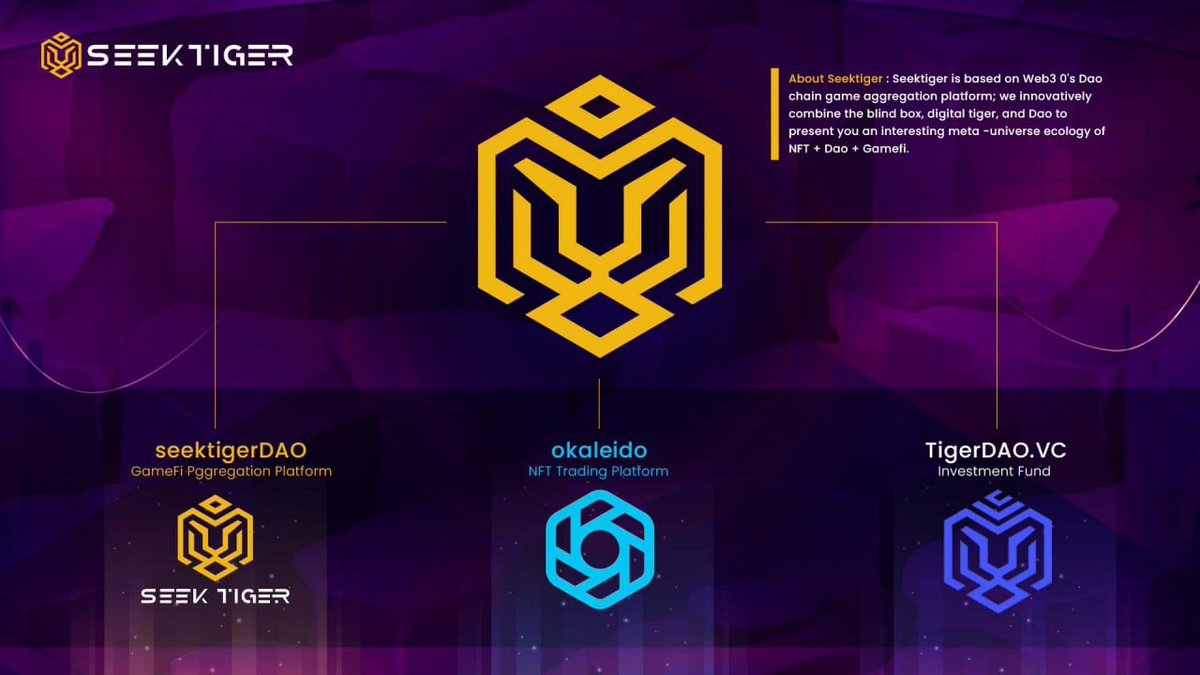 SeekTiger (@seektiger) on Twitter photo 🐯#SeekTiger Architecture Introduction🐯
❗️The #SeekTiger Architecture includes:
🔸<a href="/SeekTigerDao/">Seektiger Dao</a> - #GameFi aggregation
🔸@Okaleido_com - #NFT Trading Platform
🔸@TigerDAOVC - Investment Fund
We welcome you to the #SeekTiger Ecology! 🐯#SeekTiger Architecture Introduction🐯
❗️The #SeekTiger Architecture includes:
🔸<a href="/SeekTigerDao/">Seektiger Dao</a> - #GameFi aggregation
🔸@Okaleido_com - #NFT Trading Platform
🔸@TigerDAOVC - Investment Fund
We welcome you to the #SeekTiger Ecology!