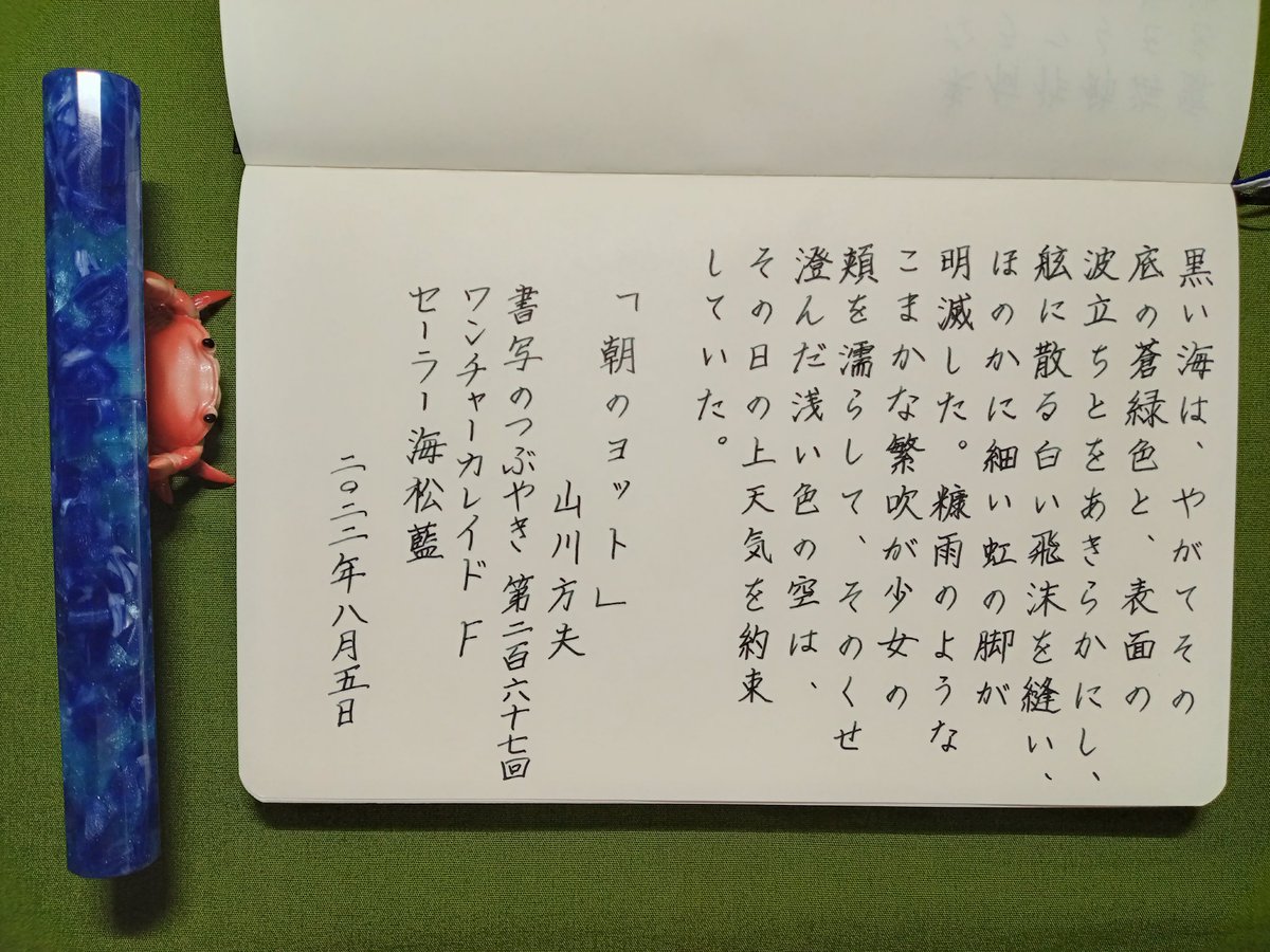 raika_438's tweet photo. お題ありがとうございます。
#書写のつぶやき
#悠々書写
#空想書写
#学問評論書写
#万年筆
#インク沼
#ワンチャー
#セーラー万年筆
#Asvine
#パイロット
#ペリカン
#エルバン https://t.co/2NBdzFS4ie