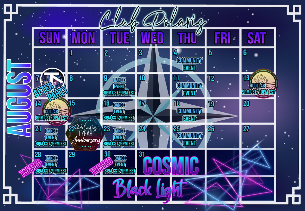 ClubPolaris's tweet photo. Big month for us at #TrueNorthPolaris ! 
7th Afterparty hosted by The Alleyway 
13th @ClubMisfitsVR Collab   9 pm CST/ 10pm EST  
14th @ClubMisfitsVR  Collab   8pm CST/ 9pm EST  
21st 1 YEAR ANNIVERSARY CELEBRATION
28th &amp; 30th Cosmic Black Light Event https://t.co/vlejOXy0TV