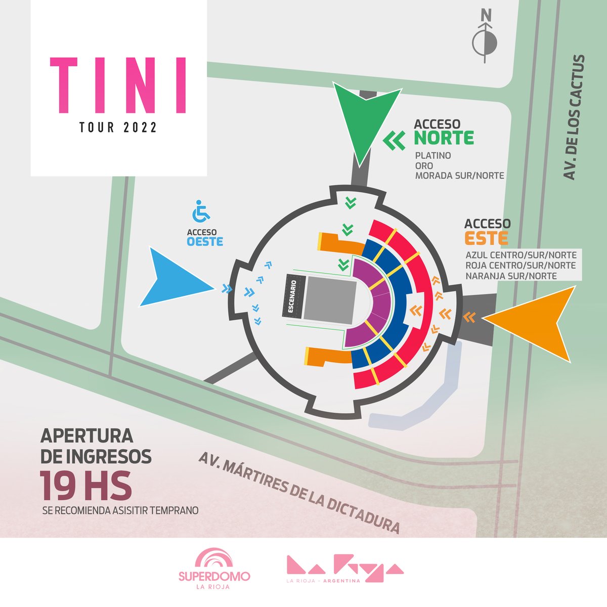 SecTurLaRioja's tweet photo. 💥💃🏻🎉 ¡Llegó el gran día!
💖🎤 Hoy disfrutaremos a pleno del primer show de TINI en nuestro Superdomo.
✅ Recomendamos asistir temprano. Desde las 15 hs. vamos a vivir la previa con la #TiniFanFest y a partir de las 19 hs. se habilitaran los ingresos al Superdomo.
#LaRioja https://t.co/JFg28BVzj5