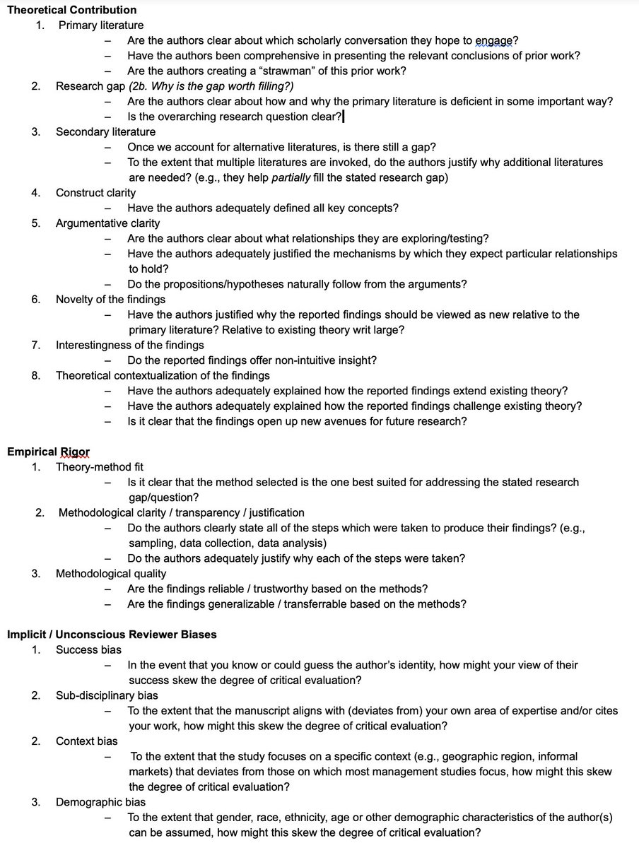 Once again, at the "Reviewing in the Rough" PDW #AOM2022 I'll be discussing the review process and my approach to reviews. As part of this, I have prepared my "reviewing schema" outlining the specific things I look for while reviewing. What's missing? bit.ly/3Q9CH4U