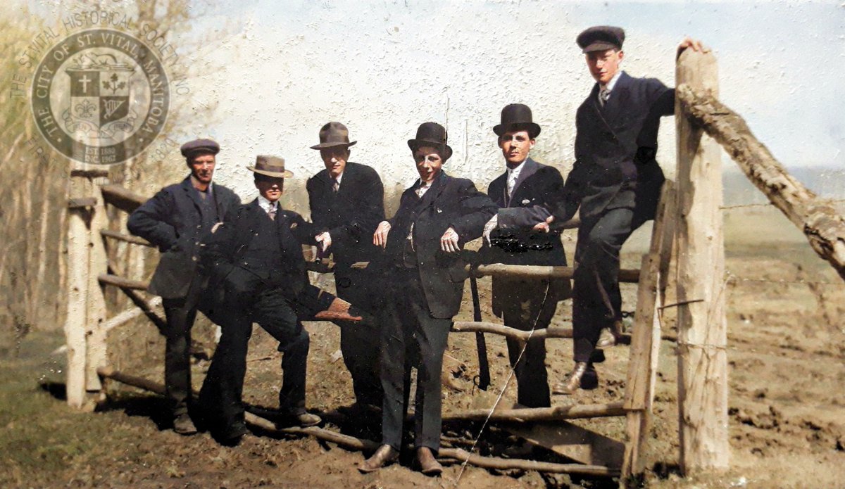 A group of men pose next to the Hulton family field, corner of St. Mary's Rd &amp; St. Vital Rd. The Hultons also ran a general store/post office there. These men were attending the 1st annual St. Vital Ag. Fair, 1909. #stvitalmuseum #stvital #museum #archives #winnipeg #manitoba
