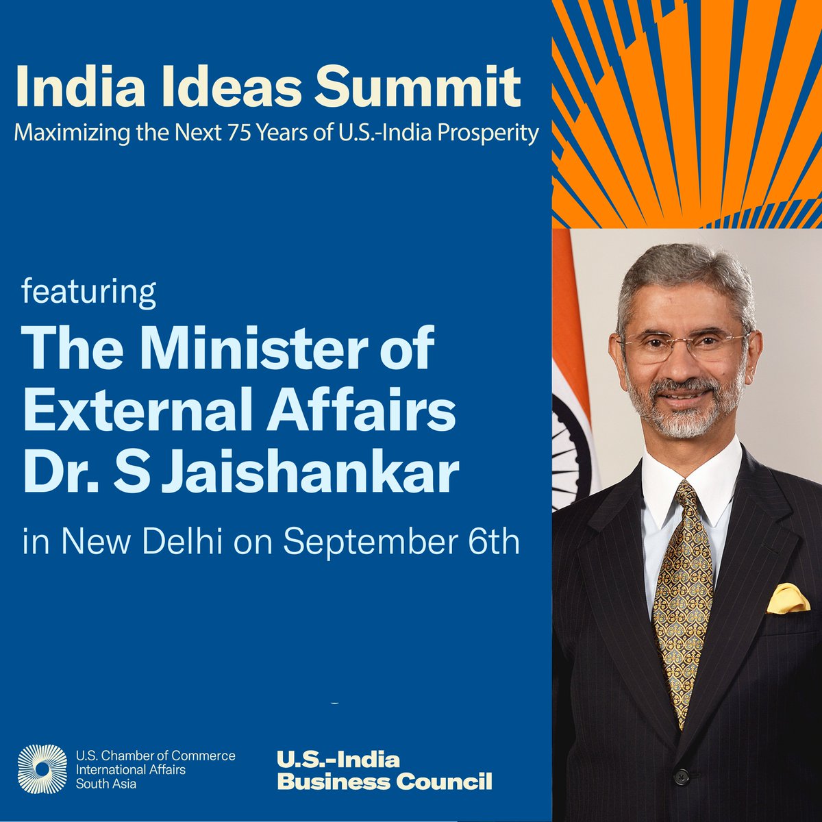 USIBC is excited to announce that the Honorable Minister of External Affairs <a href="/DrSJaishankar/">Dr. S. Jaishankar</a> will be joining us in person for our India Ideas Summit on September 6th, issuing a Keynote Address to our Global Board of Directors and sponsors. 

#USIndiaProsperity #USIndiaAt75