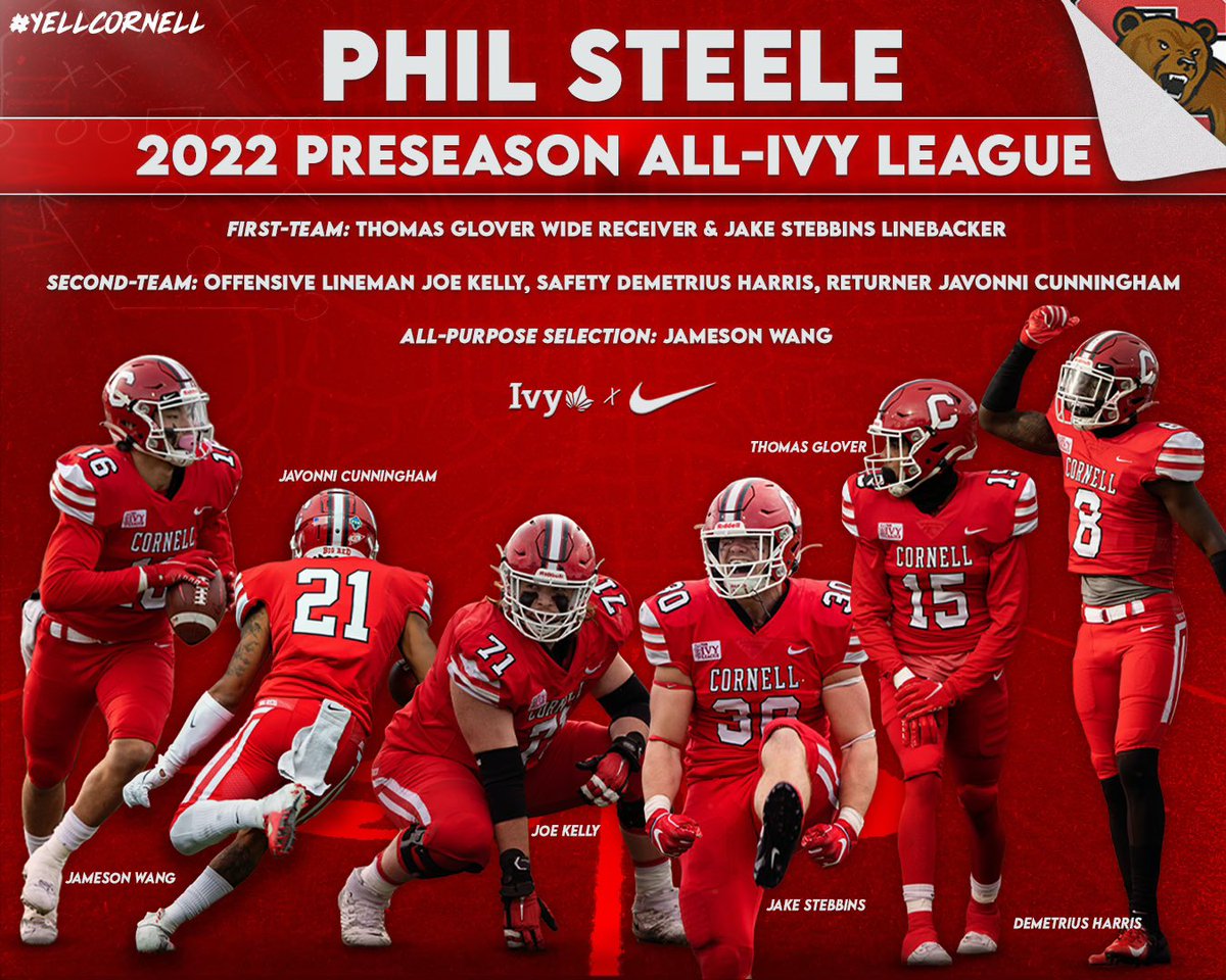Six Big Red Named To Phil Steele's Preseason All-Ivy Team First-team: Thomas Glover at wide receiver & Jake Stebbins at linebacker. Second-team: offensive lineman Joe Kelly, safety Demetrius Harris, returner Javonni Cunningham & all-purpose selection Jameson Wang. #YellCornell