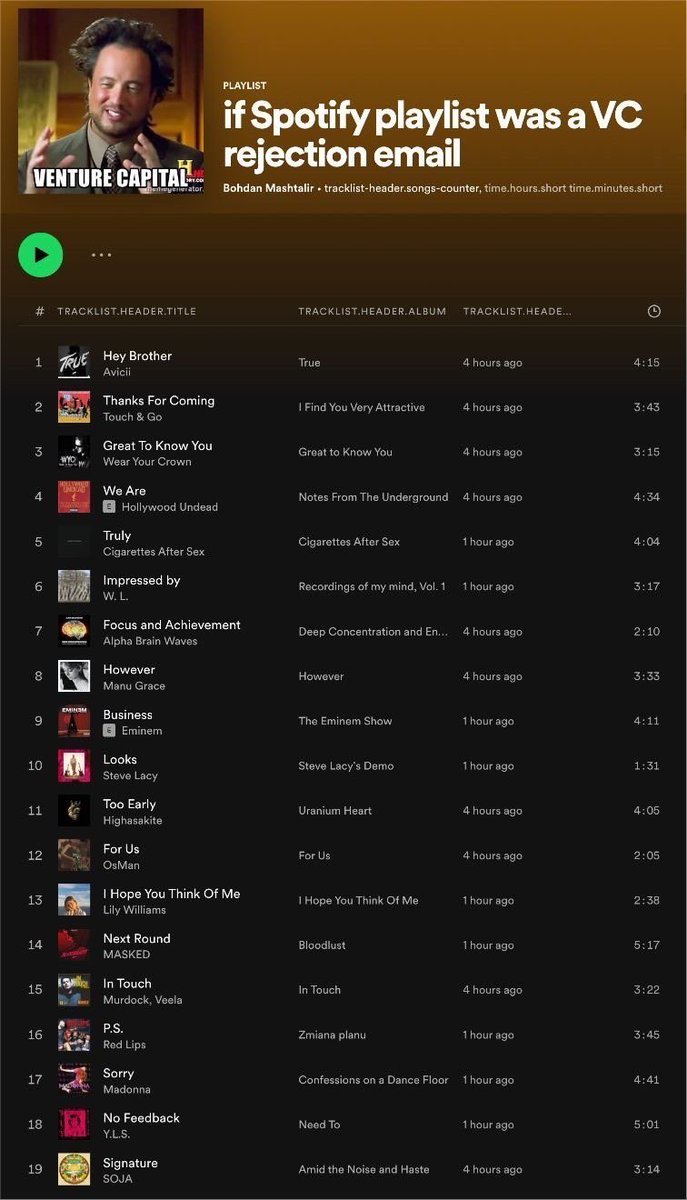 litcapital's tweet photo. “If Spotify playlist was a VC rejection email” 💀 https://t.co/2212CtC5lt