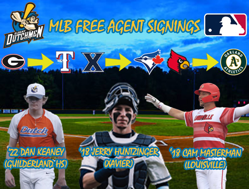 DutchmenPGCBL's tweet photo. Congratulations to ‘22 @dan_keaney (@Rangers), ‘18 @JerryHuntz10 (@BlueJays), and ‘18 @Cam_Masterman (@Athletics) who all recently signed contracts to follow their dreams of playing professional baseball!

Read all about their careers with the Dutchmen: https://t.co/3wgrF8ngcG https://t.co/Q9JYi6bIF4