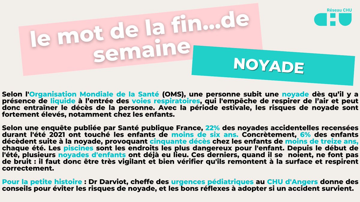 🚨Le mot de la fin... de semaine !📖 Chaque vendredi, @RESEAUCHU s'arrête le temps d'un post sur un mot de l'actu santé ou découvert dans un CHU. S44👉'Noyade', en cette période d'#été, les risques de #noyade sont très élevés, particulièrement chez les #enfants 🌊👦👧