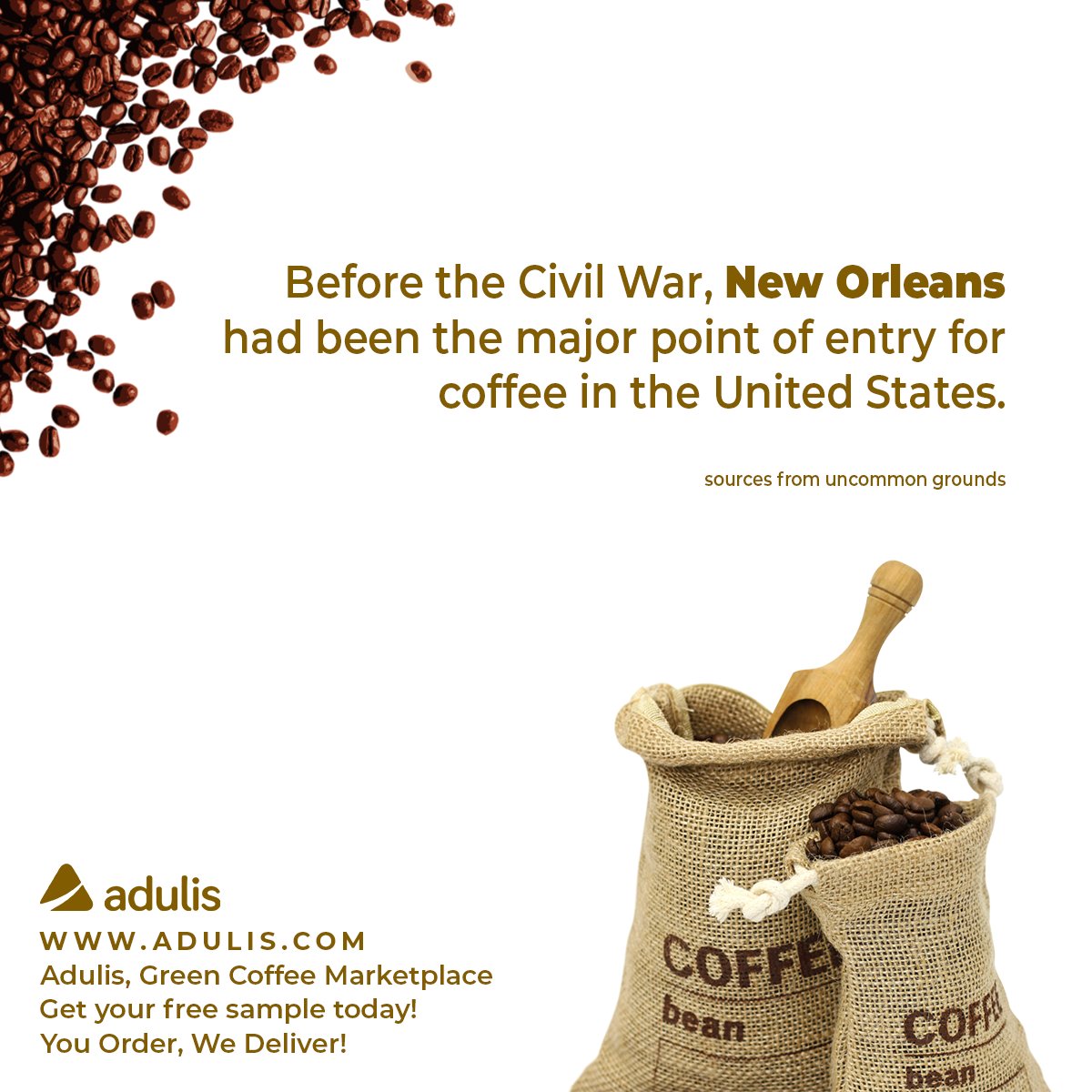 Before the Civil War, New Orleans had been the major point of entry for coffee in the United States.

Adulis, Green Coffee Marketplace (adulis.com). Get your free sample today! You order, we deliver! #Adulis #aduliscompany #greencoffeemarketplace #greencoffeesupply #