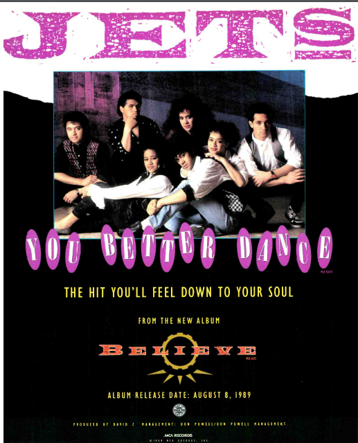 myfizzypop's tweet photo. When you're a jet you're a jet all the way - one final great ad from music press #onthisdayinpop in 1989: this time, #Billboard magazine promoting how amazing #TheJets were thanks to their new LP #Believe (& the fab lead single #YouBetterDance. And dance I did. Shimmied. Bopped)! https://t.co/uBaqyguYI2