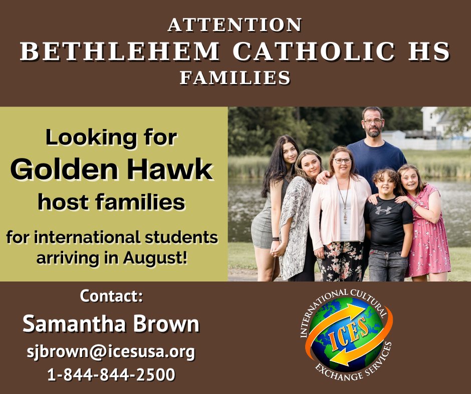 𝐇𝐨𝐬𝐭 𝐅𝐚𝐦𝐢𝐥𝐢𝐞𝐬 𝐍𝐞𝐞𝐝𝐞𝐝 We are welcoming international students to the Becahi Community for the '22-'23 school year, and we are looking for host families! Contact Samantha Brown: sjbrown@icesusa.org // 1-844-844-2500