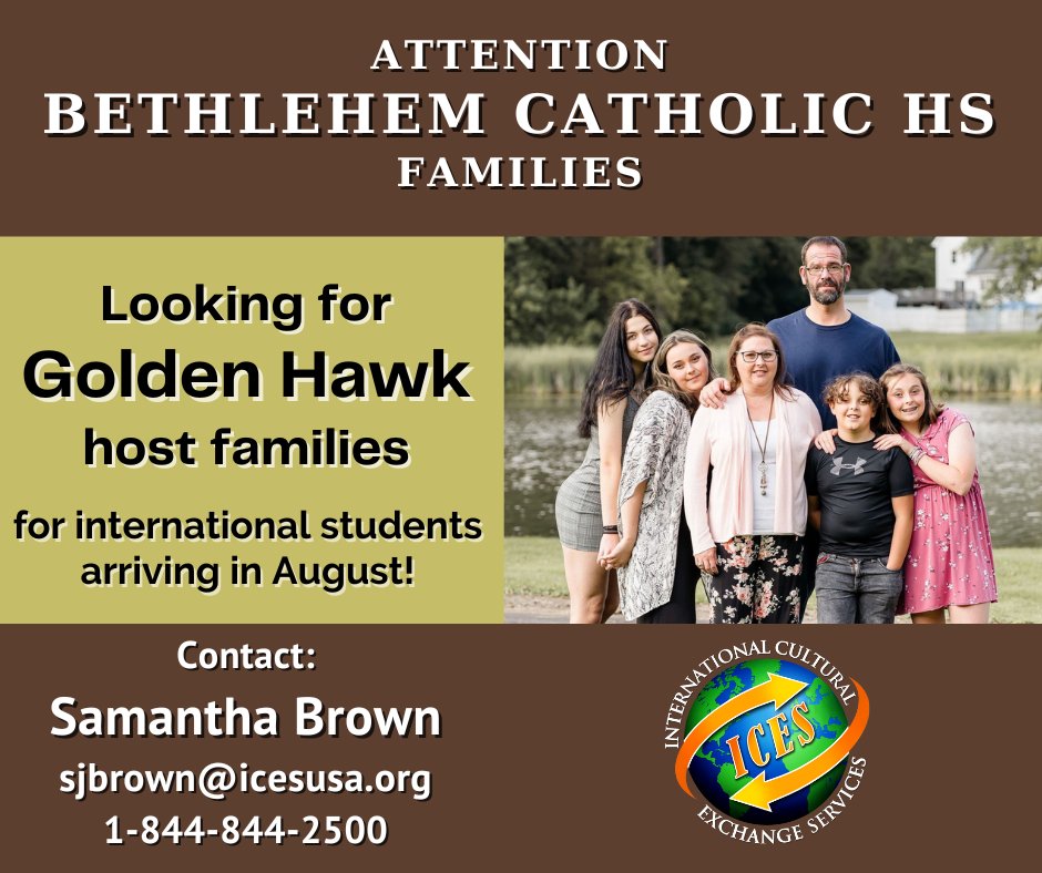 Bethlehem Catholic (@becahi_hawks) on Twitter photo ๐๐จ๐ฌ๐ญ ๐
๐๐ฆ๐ข๐ฅ๐ข๐๐ฌ ๐๐๐๐๐๐
We are welcoming international students to the Becahi Community for the '22-'23 school year, and we are looking for host families!
Contact Samantha Brown: sjbrown@icesusa.org // 1-844-844-2500 ๐๐จ๐ฌ๐ญ ๐
๐๐ฆ๐ข๐ฅ๐ข๐๐ฌ ๐๐๐๐๐๐
We are welcoming international students to the Becahi Community for the '22-'23 school year, and we are looking for host families!
Contact Samantha Brown: sjbrown@icesusa.org // 1-844-844-2500