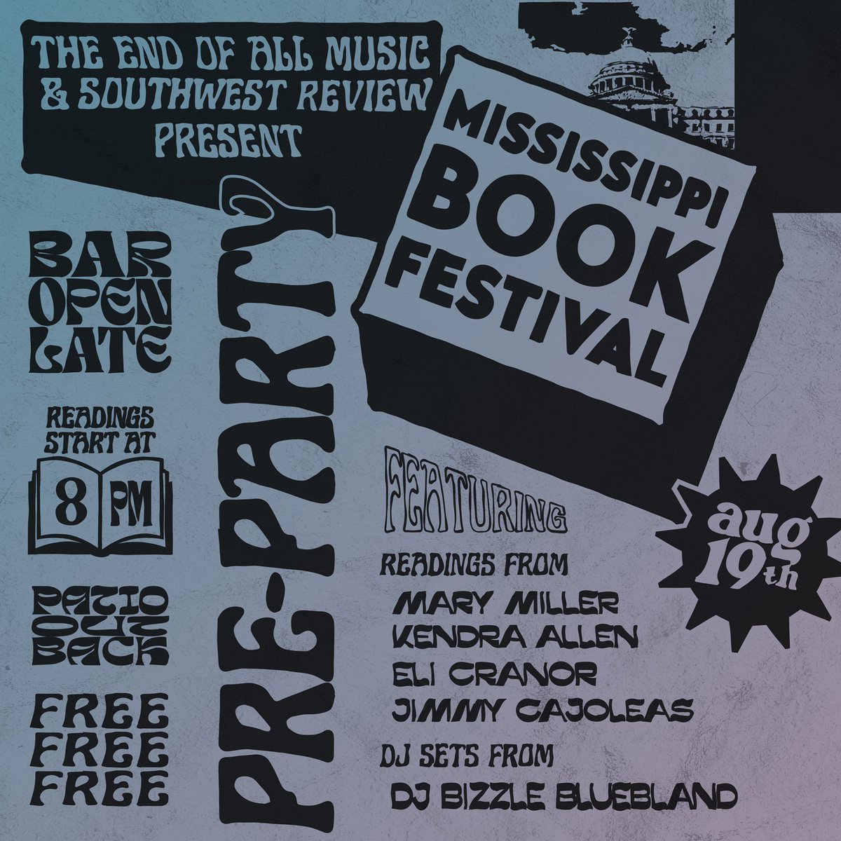 SwR (@southwestreview) on Twitter photo SwR is teaming up w/ <a href="/endofallmusic/">The End of All Music</a> to host the pregame of the century in Jackson at <a href="/msbookfest/">MS Book Festival</a> 😲
Readings: Mary Miller, Kendra Allen, <a href="/elicranor/">Eli Cranor</a>, & Jimmy Cajoleas w/DJ Bizzle Bluebland on vibe control 🔥
Our pals <a href="/LemuriaBooks/">lemuriabooks</a> will be slinging books too ~ Come one, rage all SwR is teaming up w/ <a href="/endofallmusic/">The End of All Music</a> to host the pregame of the century in Jackson at <a href="/msbookfest/">MS Book Festival</a> 😲
Readings: Mary Miller, Kendra Allen, <a href="/elicranor/">Eli Cranor</a>, & Jimmy Cajoleas w/DJ Bizzle Bluebland on vibe control 🔥
Our pals <a href="/LemuriaBooks/">lemuriabooks</a> will be slinging books too ~ Come one, rage all