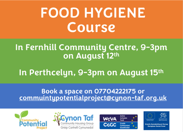 potential_CTCHG's tweet photo. #Free Level 2 Food Hygiene Courses taking place in #Fernhill and #Perthcelyn in August
A great qualification to boost your CV, that will help you get into volunteering or work!
Get in touch TODAY to book a space!
#EUFundsCymru
@WCVA_AI https://t.co/94r4y3oI0f