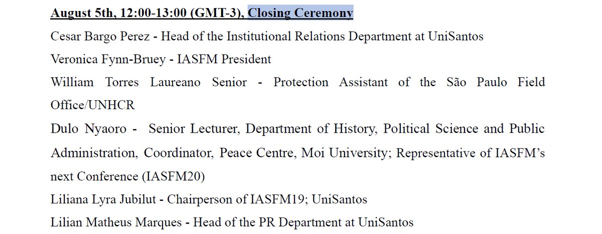 IASFM (@iasfmglobal) on Twitter photo #IASFM19’s Closing Ceremony is starting shortly - with Cesar Bargo Perez, Veronica Fynn-Bruey, William Torres Laureano Senior, Dulo Nyaoro, Liliana Lyra Jubilut, and Lilian Matheus Marques.
<a href="/unisantosweb/">Universidade Católica de Santos</a> #IASFM19’s Closing Ceremony is starting shortly - with Cesar Bargo Perez, Veronica Fynn-Bruey, William Torres Laureano Senior, Dulo Nyaoro, Liliana Lyra Jubilut, and Lilian Matheus Marques.
<a href="/unisantosweb/">Universidade Católica de Santos</a>