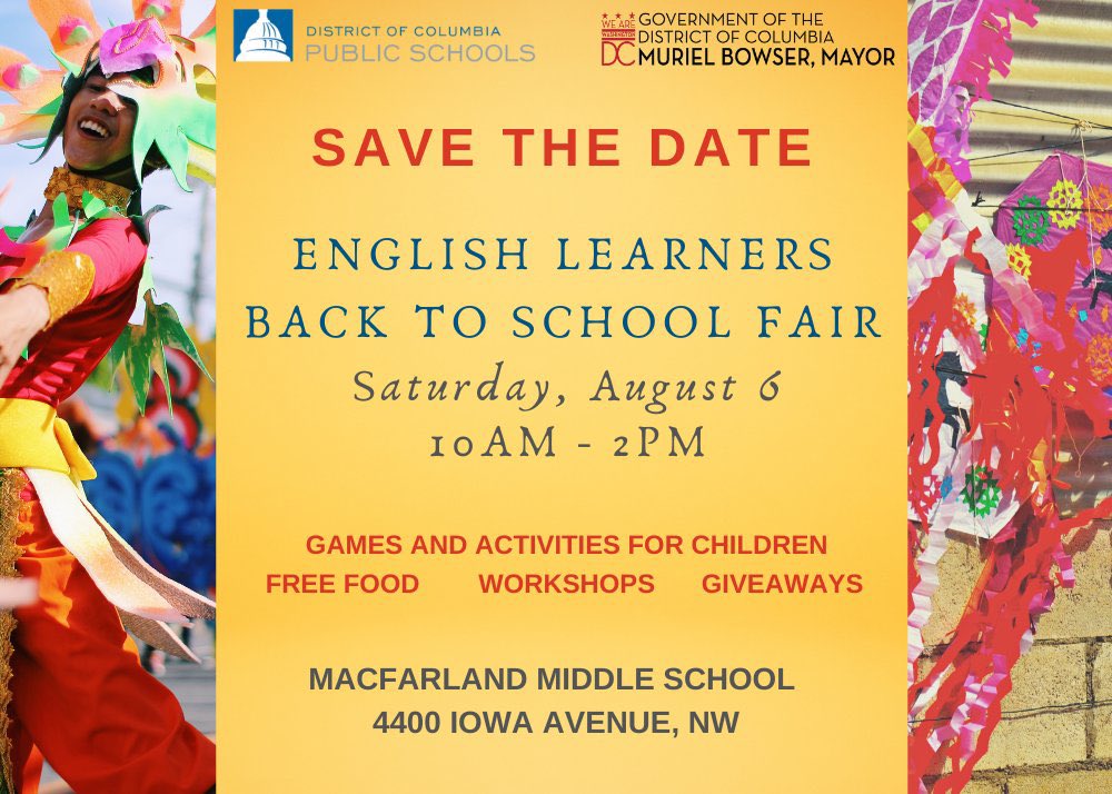 dcpublicschools's tweet photo. Don't forget: DCPS' English Learners Back to School Fair is happening tomorrow from 10 AM to 2 PM @MacFarlandMS (4400 Iowa Avenue NW). Come and enjoy family activities, workshops, free food, and more!

Learn more: https://t.co/8bcINkOzOp https://t.co/6EahorMQHp