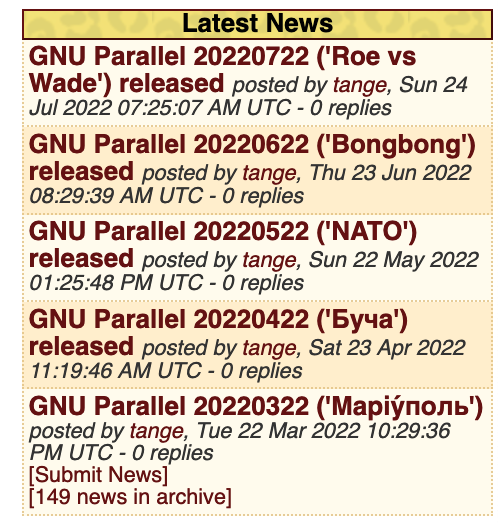 elnazavr's tweet photo. Wow, GNU parallel monthly releases are named by the most resonated event during this month.
Latest news indeed.
#gnuparallel #linux https://t.co/7aazHy71IW