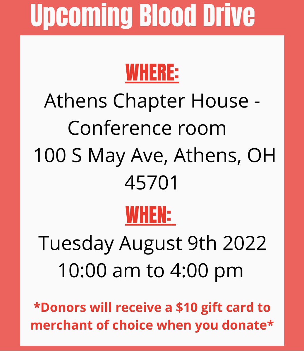 OURedCrossClub's tweet photo. Upcoming Blood Drives in Athens, Ohio for August 9th, 10th, and 11th!Donors will get a $10 e-gift card to the merchant of their choice when they donate!! 🩸 https://t.co/mDbJCF214D