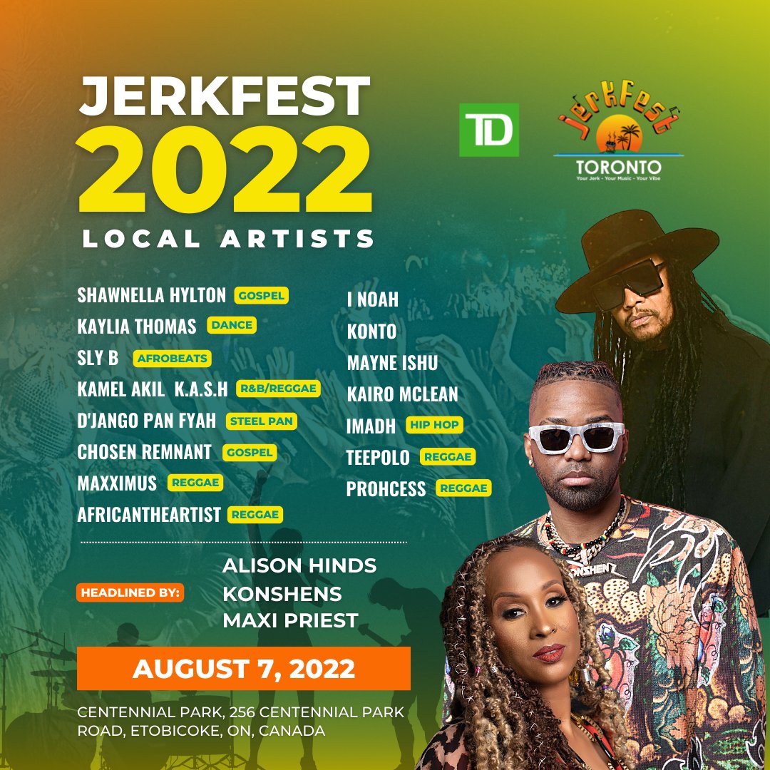 Meet our full roster of artists performing at #TDJerkFest. 🎶🎤

#JerkFest #tdjerkfest #foodfestival #blogto #torontoeats 
#torontomusic #JerkFestivalToronto #JerkFestival #JerkFest2022 #JerkFestivalTO #caribbeanlife #IslandVibes #Torontoevents #TorontoFestival #summerfestival