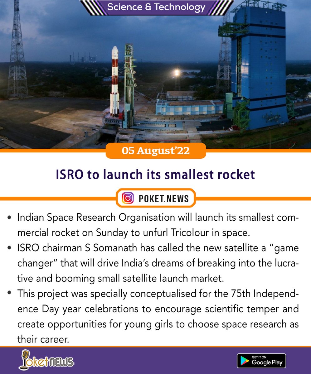 Newspoket's tweet photo. #currentaffairs #bestcurrentaffairs #todaynews #generalawareness #isro #ROCKET #smallestrocket #mercialrocket https://t.co/DK372oJGIX